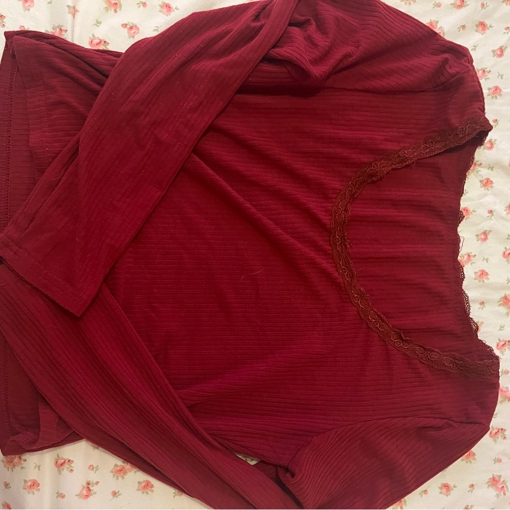 Elegant Red Lace Trim Sleepwear Top
